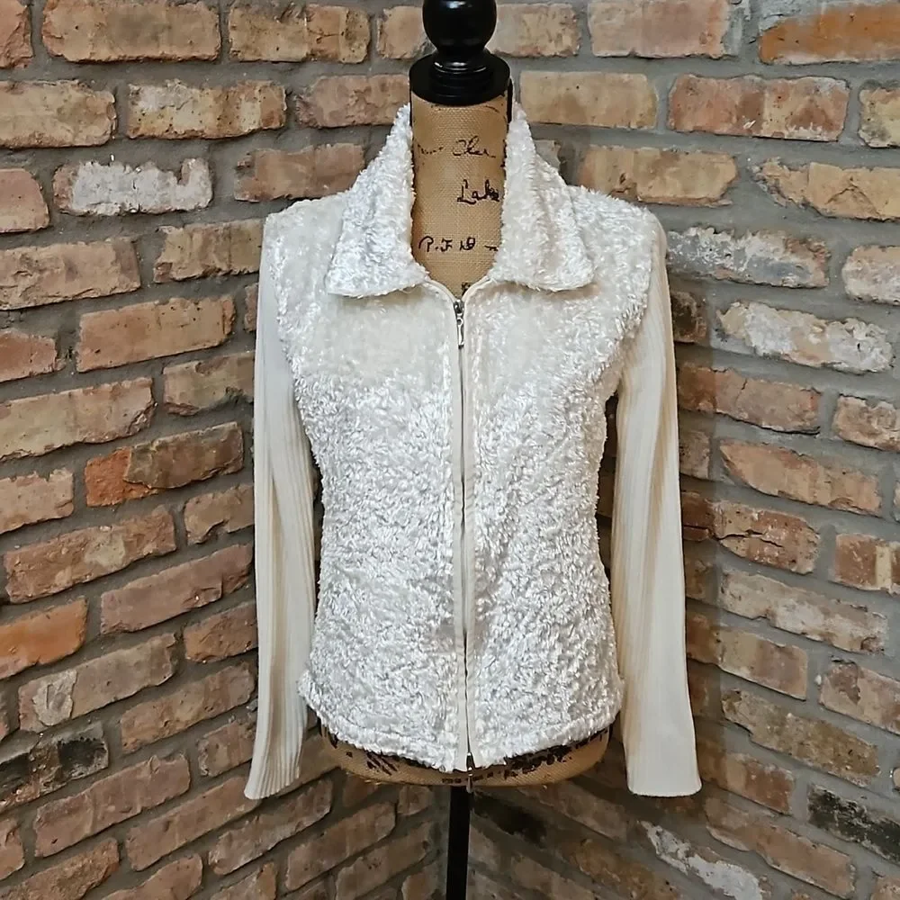 Ronnie Salloway Cream Zip Up Sweater Jacket Knit Cardigan Neutral Size Medium M